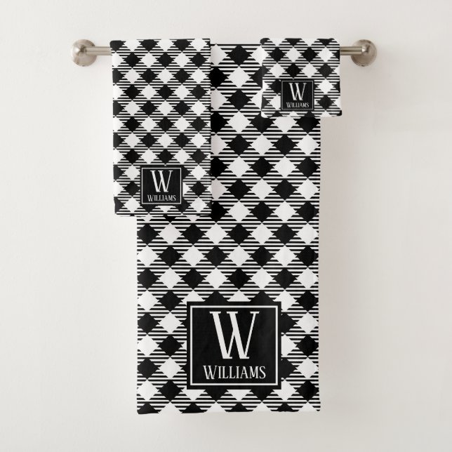 Modern Rustic Farmhouse Black White Plaid Monogram Bath Towel Set (Insitu)