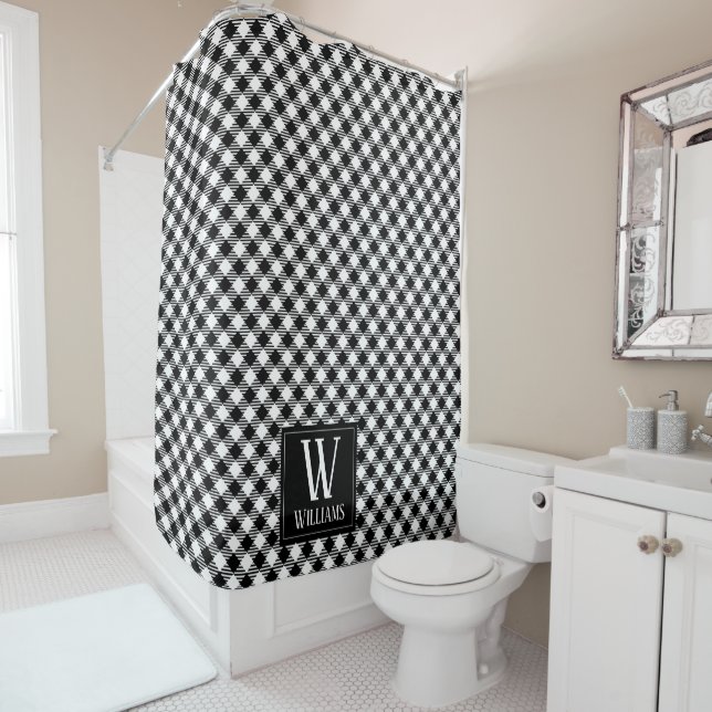 Modern Rustic Farmhouse Black White Plaid Monogram Shower Curtain (In Situ)