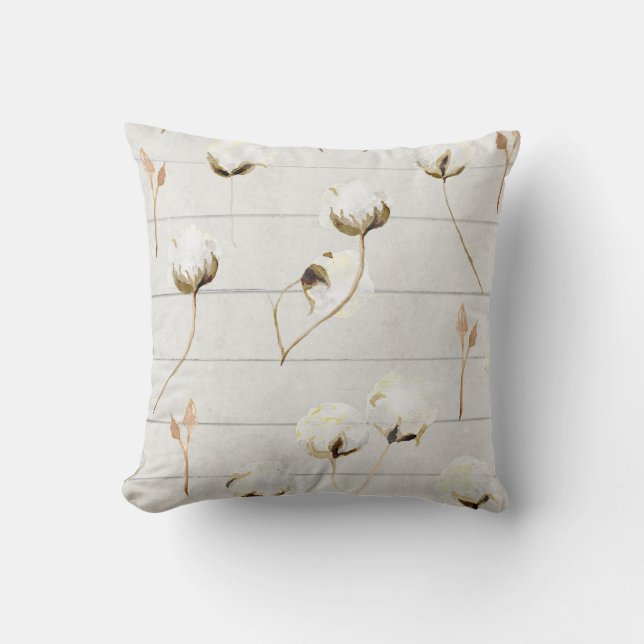 Modern Rustic Farmhouse Cotton Boll Shiplap Wood Throw Pillow (Front)