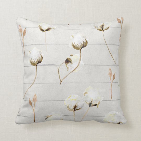 Modern Rustic Farmhouse Cotton Boll Shiplap Wood Throw Pillow