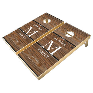 Modern Rustic Farmhouse Family Monogram Name Wood Cornhole Set