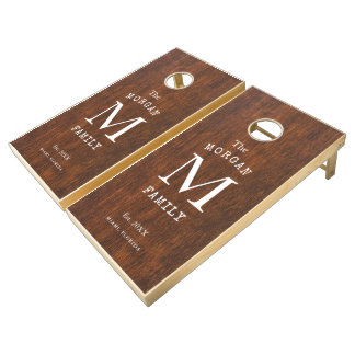 Modern Rustic Farmhouse Family Monogram Name Wood Cornhole Set