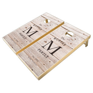 Modern Rustic Farmhouse Family Monogram Name Wood Cornhole Set