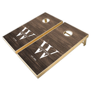 Modern Rustic Farmhouse Family Monogram Name Wood Cornhole Set