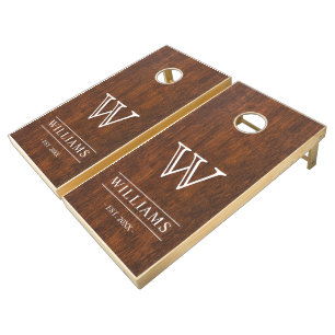 Modern Rustic Farmhouse Family Monogram Name Wood Cornhole Set