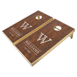 Modern Rustic Farmhouse Family Monogram Name Wood Cornhole Set