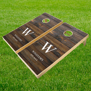Modern Rustic Farmhouse Family Monogram Name Wood Cornhole Set