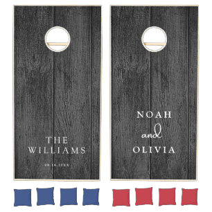 Modern Rustic Farmhouse Family Monogram Name Wood  Cornhole Set