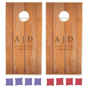 Modern Rustic Farmhouse Family Monogram Name Wood Cornhole Set