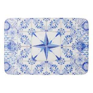 Modern Rustic Farmhouse Nautical Beach Blue White Bathroom Mat