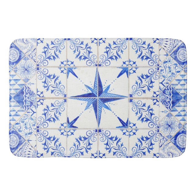 Modern Rustic Farmhouse Nautical Beach Blue White Bathroom Mat (Front)