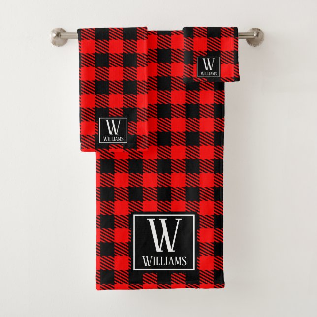 Modern Rustic Farmhouse Red Buffalo Plaid Monogram Bath Towel Set (Insitu)