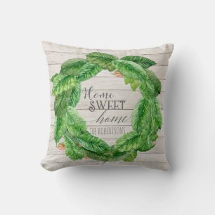 Modern Rustic Farmhouse Watercolor Magnolia Wreath Throw Pillow