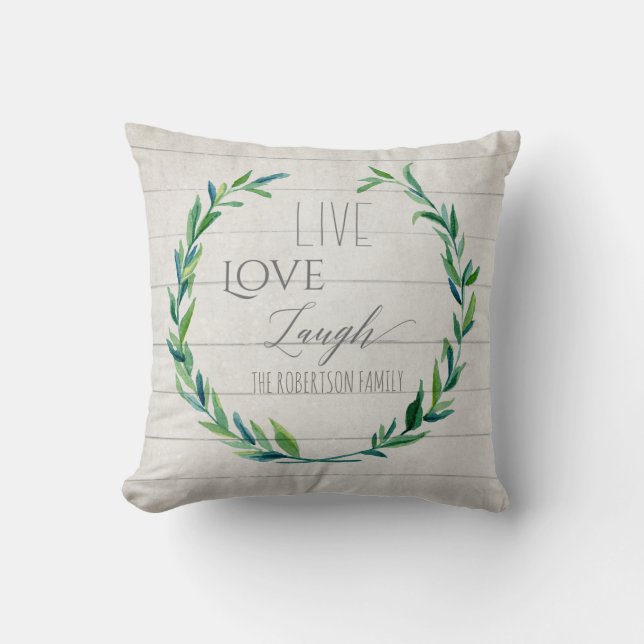 Modern Rustic Farmhouse Watercolor Wreath Family Throw Pillow (Front)