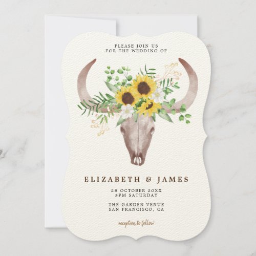 Modern Rustic Floral Bull Horn Skull Wedding Invitation