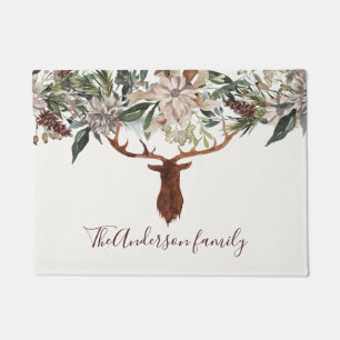 Modern rustic floral foliage stag barn holiday doormat