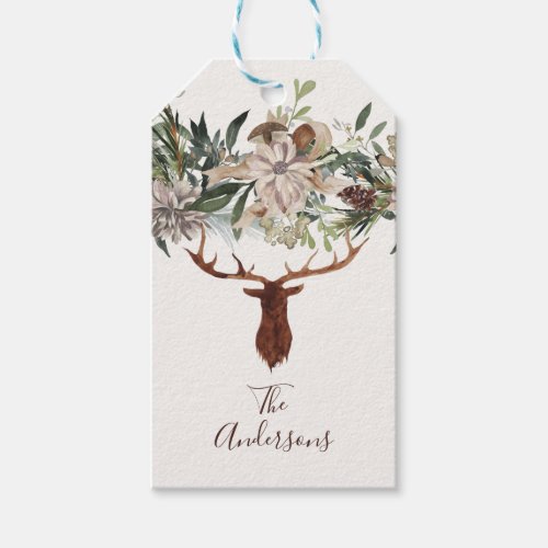 Modern rustic floral foliage stag barn holiday gift tags