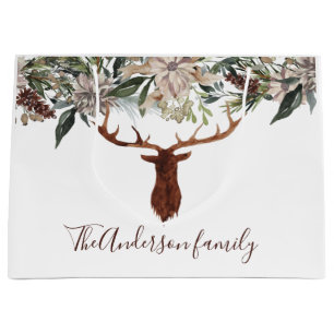 Modern rustic floral foliage stag barn holiday large gift bag
