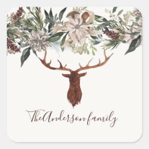 Modern rustic floral foliage stag barn holiday square sticker