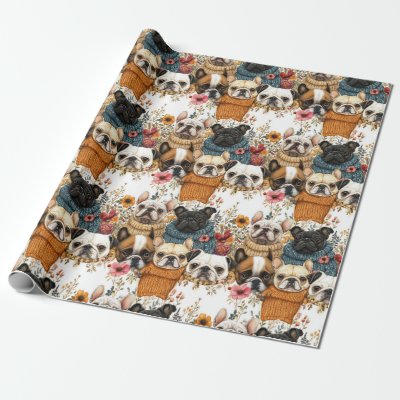Modern Rustic Floral Pug Dogs Pattern Wrapping Paper