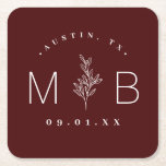Modern Rustic Floral Stem Wedding Monogram Square Paper Coaster<br><div class="desc">Personalize the template with the bride and groom's names or monogram initials. Add your wedding date, the city, state or venue name or any other custom text. This modern rustic logo-style design has a simple floral stem and mixed typography. Use the design tools to choose any colors, edit the fonts...</div>