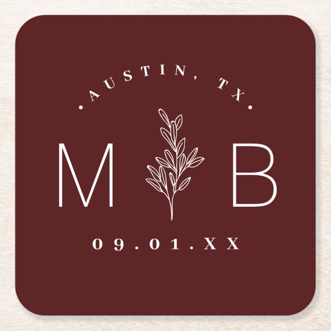 Modern Rustic Floral Stem Wedding Monogram Square Paper Coaster