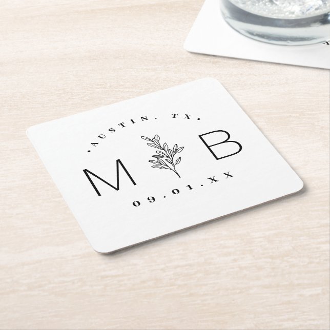 Modern Rustic Floral Stem Wedding Monogram Square Paper Coaster (Angled)