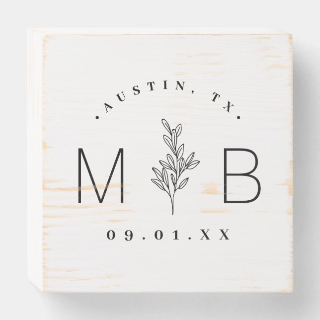 Modern Rustic Floral Stem Wedding Monogram Wooden Box Sign (Front Horizontal)