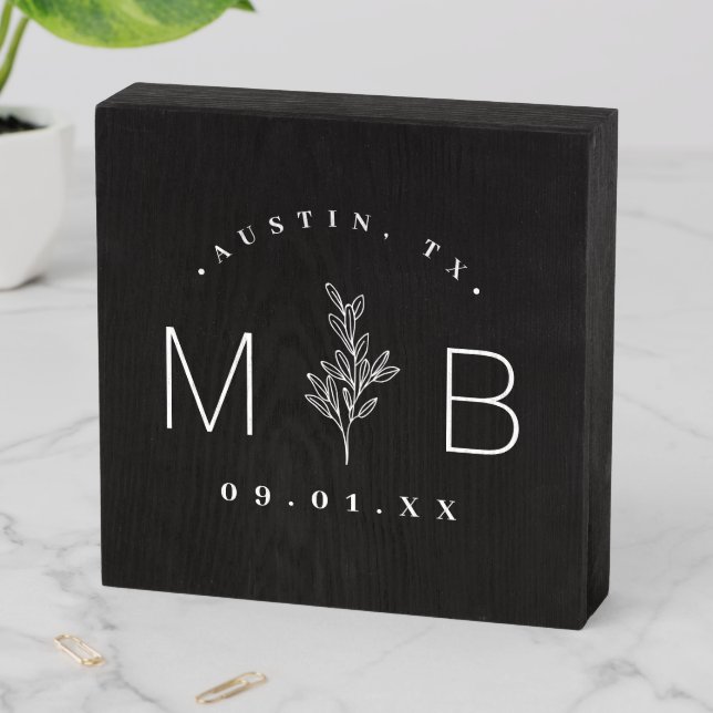 Modern Rustic Floral Stem Wedding Monogram Wooden Box Sign (In Situ Horizontal)