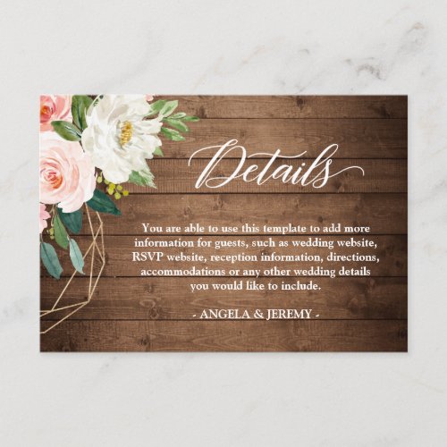 Modern Rustic Floral Wedding Reception Details Enclosure Card