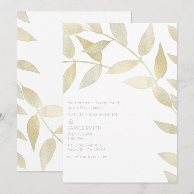 Modern Rustic Golden Gold Leaves Botanical Wedding Invitation (Front/Back)