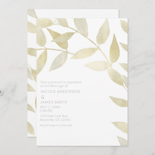 Modern Rustic Golden Gold Leaves Botanical Wedding Invitation