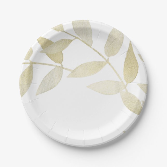 Modern Rustic Golden Gold Leaves Botanical Wedding Paper Plates (Front)