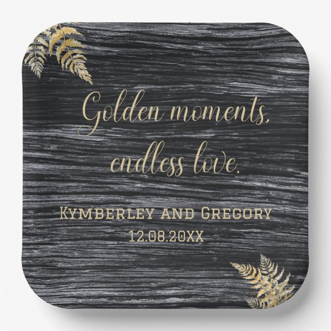 Modern Rustic Golden Moments Endless Love Wedding Paper Plates (Front)