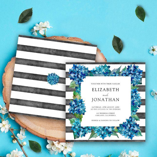 Modern Rustic Gray Blue Hydrangeas Striped Wedding Invitation (Creator Uploaded)