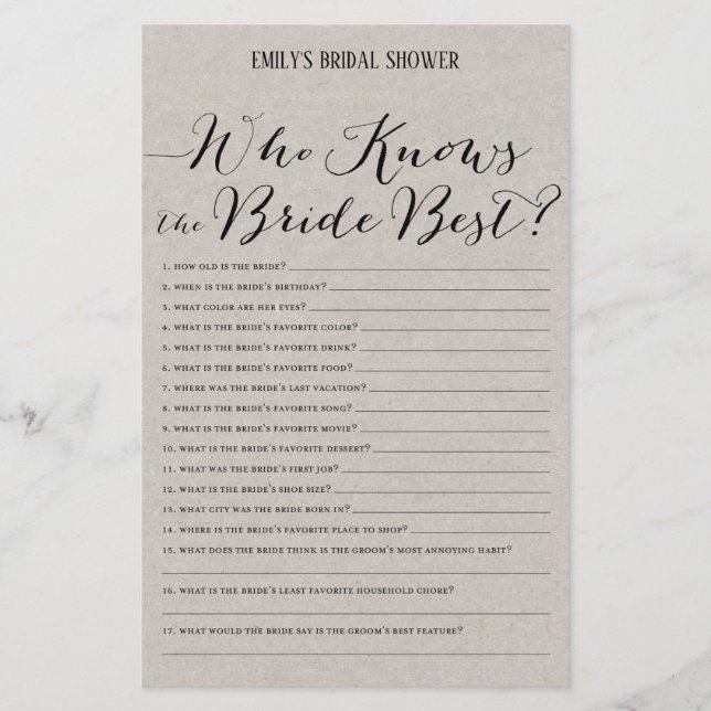 Modern Rustic Gray Bridal Shower Game PRINTED (Front)