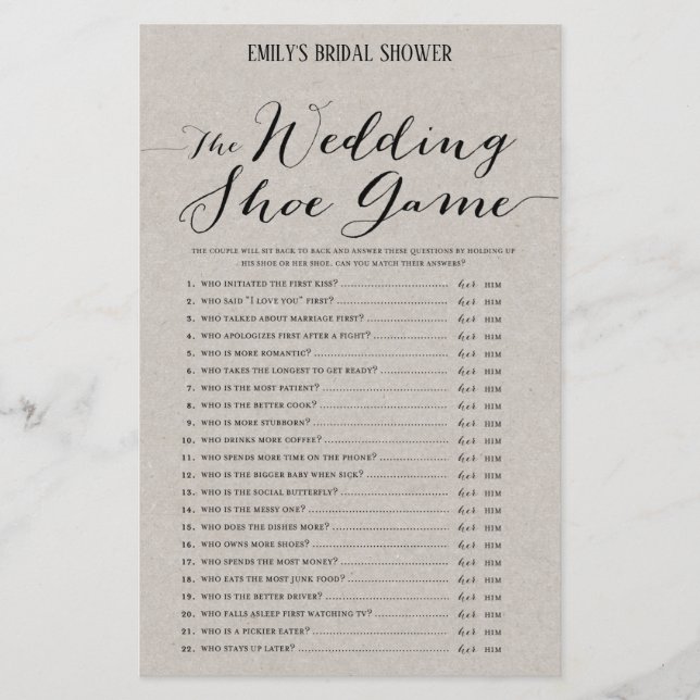 Modern Rustic Gray Bridal Shower Game PRINTED (Front)