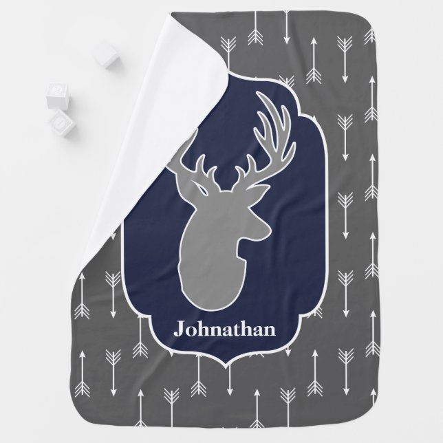 Modern Rustic Gray Deer Navy & White Arrows Baby Blanket (In Situ)
