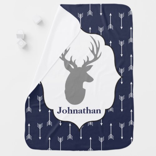 Modern Rustic Gray Deer & White Arrows Baby's Name Receiving Blanket