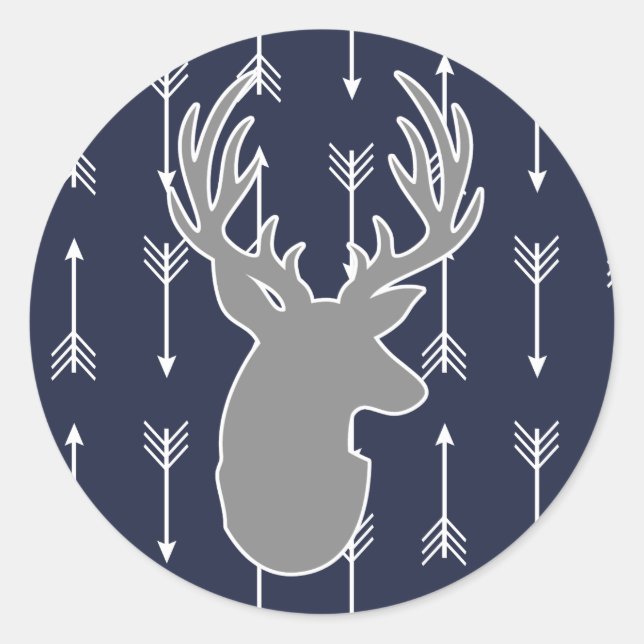 Modern Rustic Gray Deer & White Arrows Classic Round Sticker (Front)