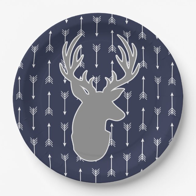 Modern Rustic Gray Deer & White Arrows Paper Plates (Front)