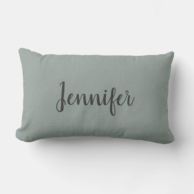 Modern Rustic gray green burlap monogram name Lumbar Pillow (Front)