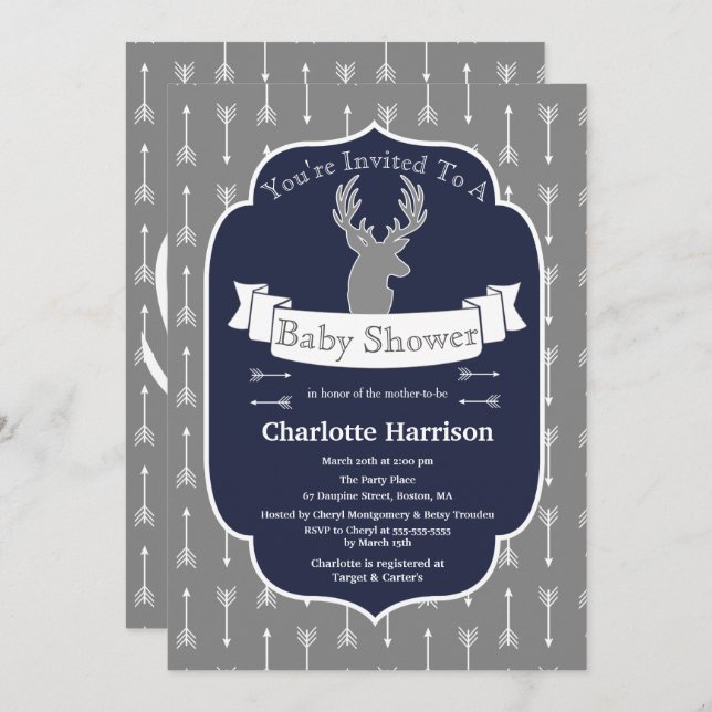 Modern Rustic Gray & Navy Deer & Arrow Baby Shower Invitation (Front/Back)