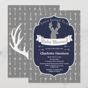 Modern Rustic Gray & Navy Deer & Arrow Baby Shower Invitation