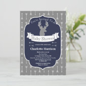 Modern Rustic Gray & Navy Deer & Arrow Baby Shower Invitation (Standing Front)