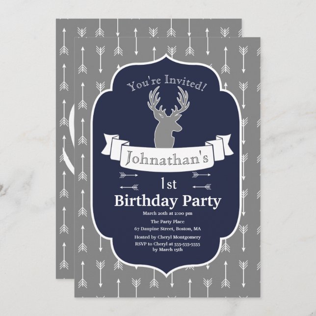 Modern Rustic Gray & Navy Deer & Arrow Birthday Invitation (Front/Back)