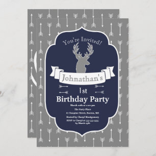 Modern Rustic Gray & Navy Deer & Arrow Birthday Invitation