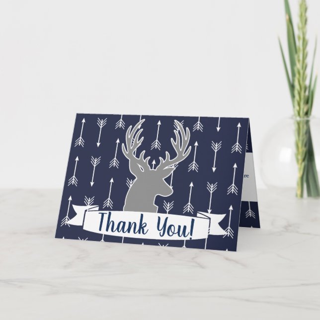 Modern Rustic Gray & Navy Deer & Arrow Thank You Card (Front)