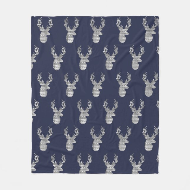 Modern Rustic Gray Tribal Patterned Deer Fleece Blanket (Front)