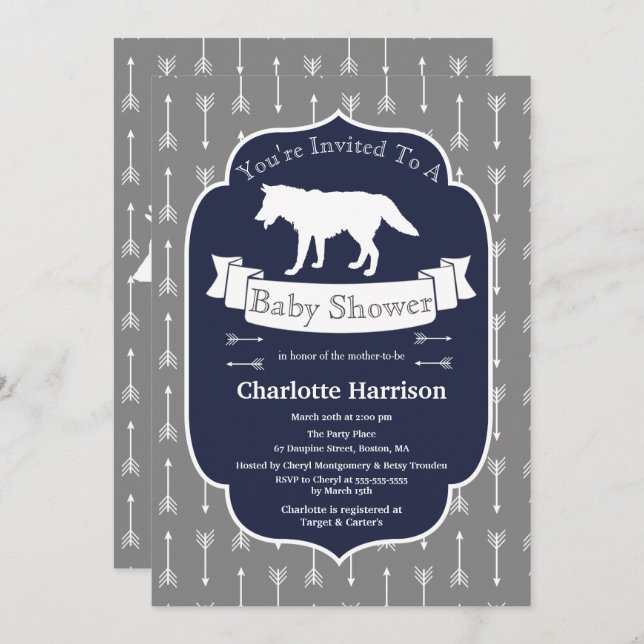 Modern Rustic Gray & White Wolf Arrows Baby Shower Invitation (Front/Back)